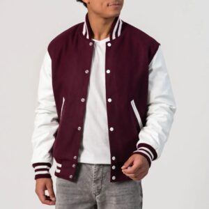 Alexander Maroon Wool Body & White Leather Sleeves Varsity Jacket