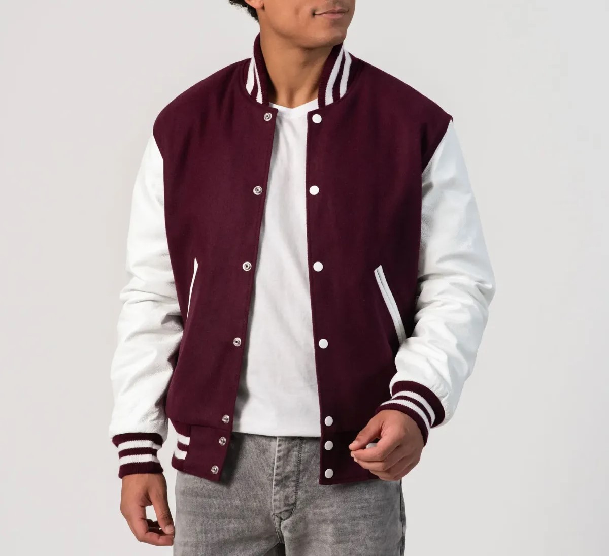 Alexander Maroon Wool Body & White Leather Sleeves Varsity Jacket