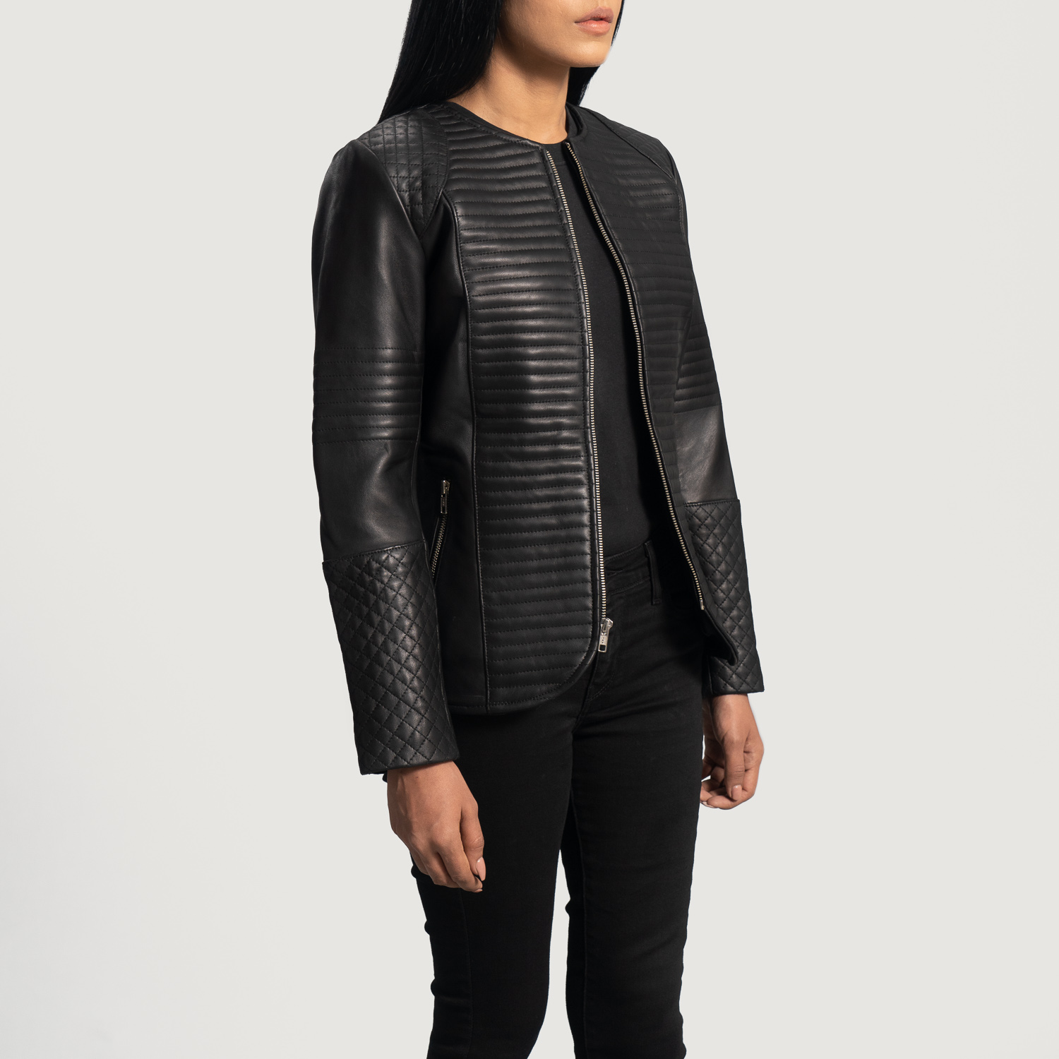 Sophia Quilted Black Leather Biker Jacket - Image 4