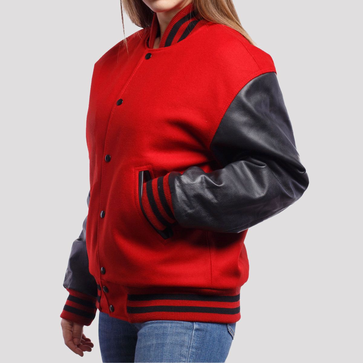 Harper Scarlet Wool Body & Black Leather Sleeves Varsity Jacket - Image 2