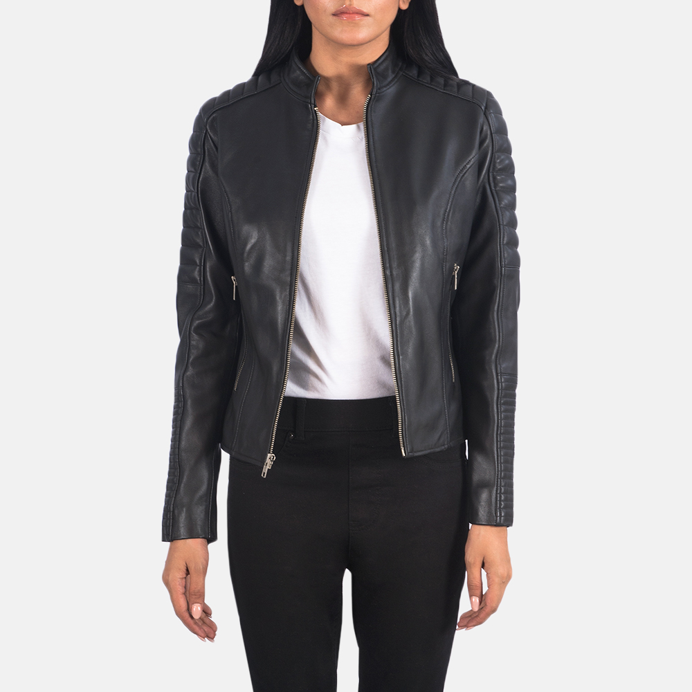Emily Black Leather Biker Jacket - Image 3