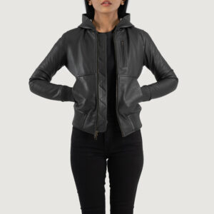 Evelyn Hooded Black Leather Bomber Jacket