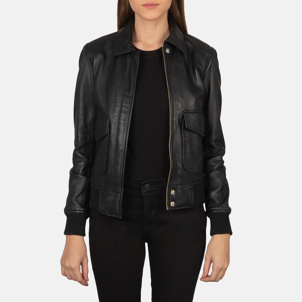 Rose Black Leather Bomber Jacket - Image 4