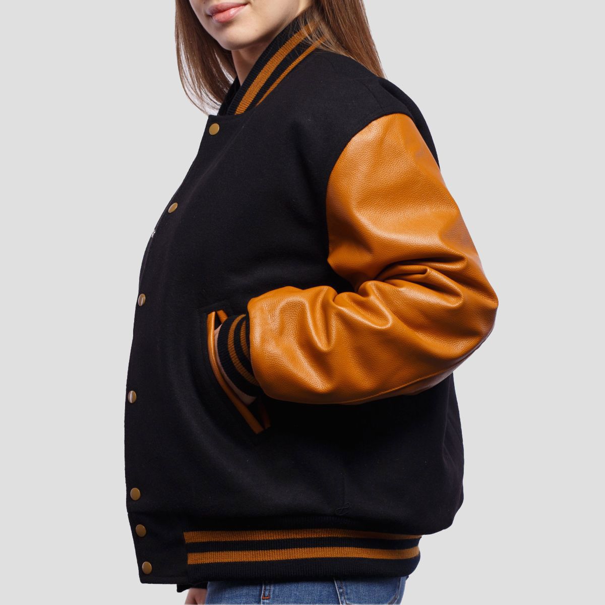 Isabella Black Wool Body & Old Gold Leather Sleeves Varsity Jacket - Image 4