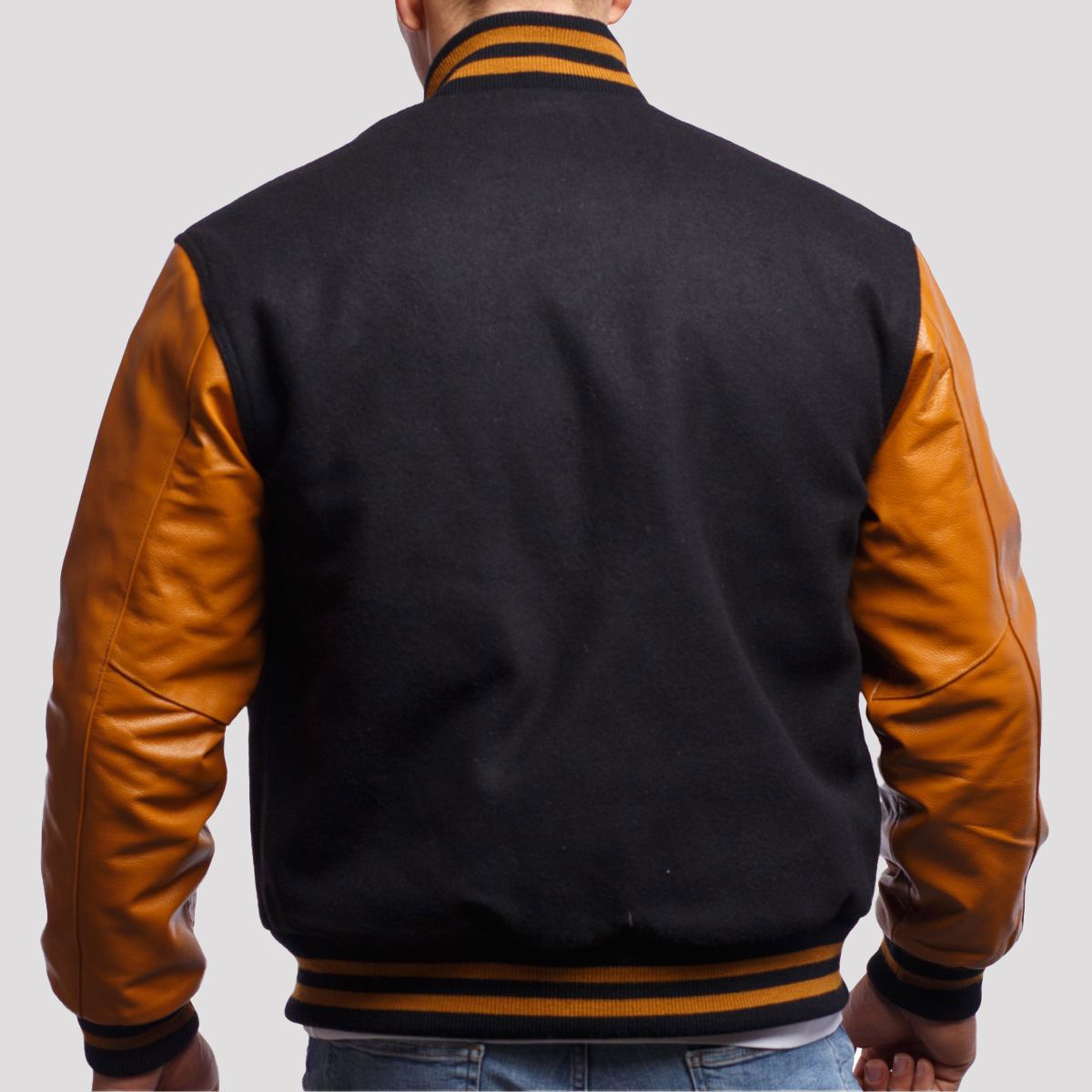 Sebastian Black Wool Body & Old Gold Leather Sleeves Varsity Jacket - Image 2