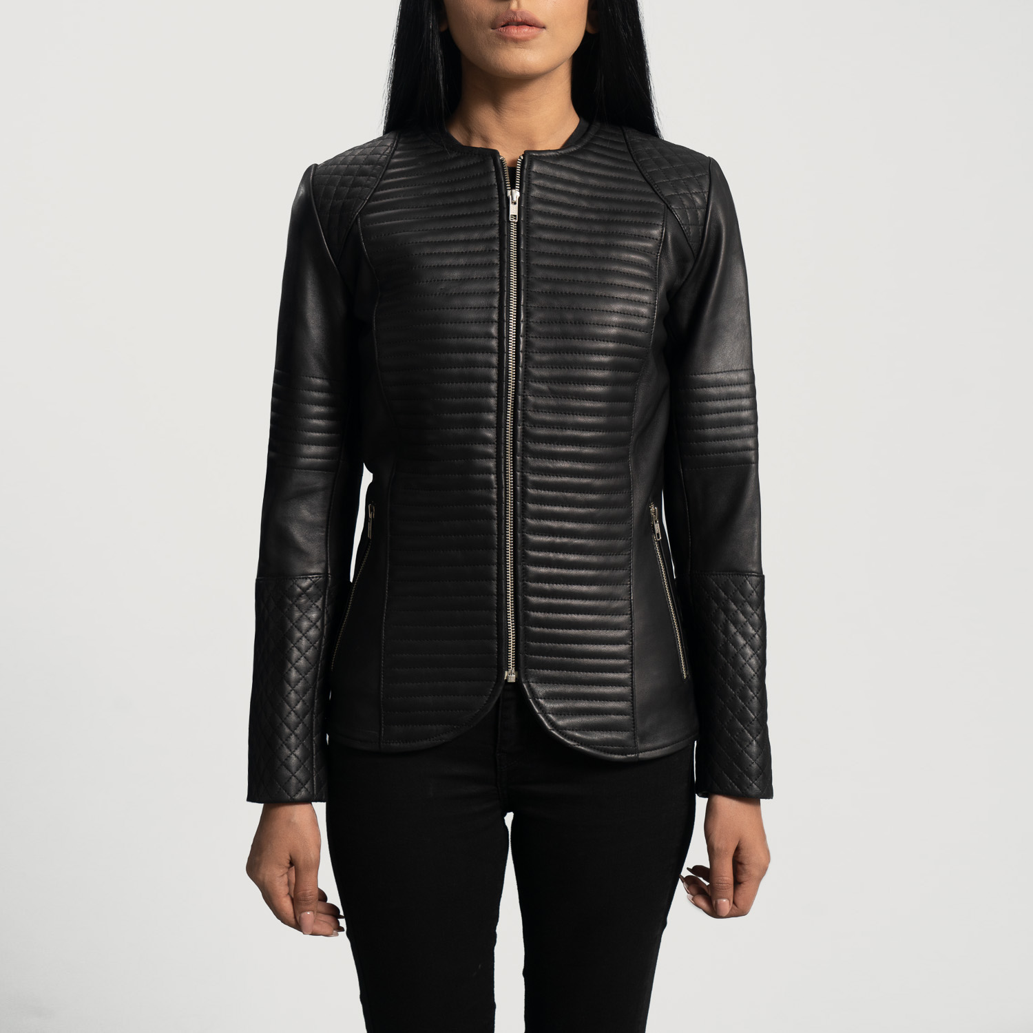 Sophia Quilted Black Leather Biker Jacket - Image 3