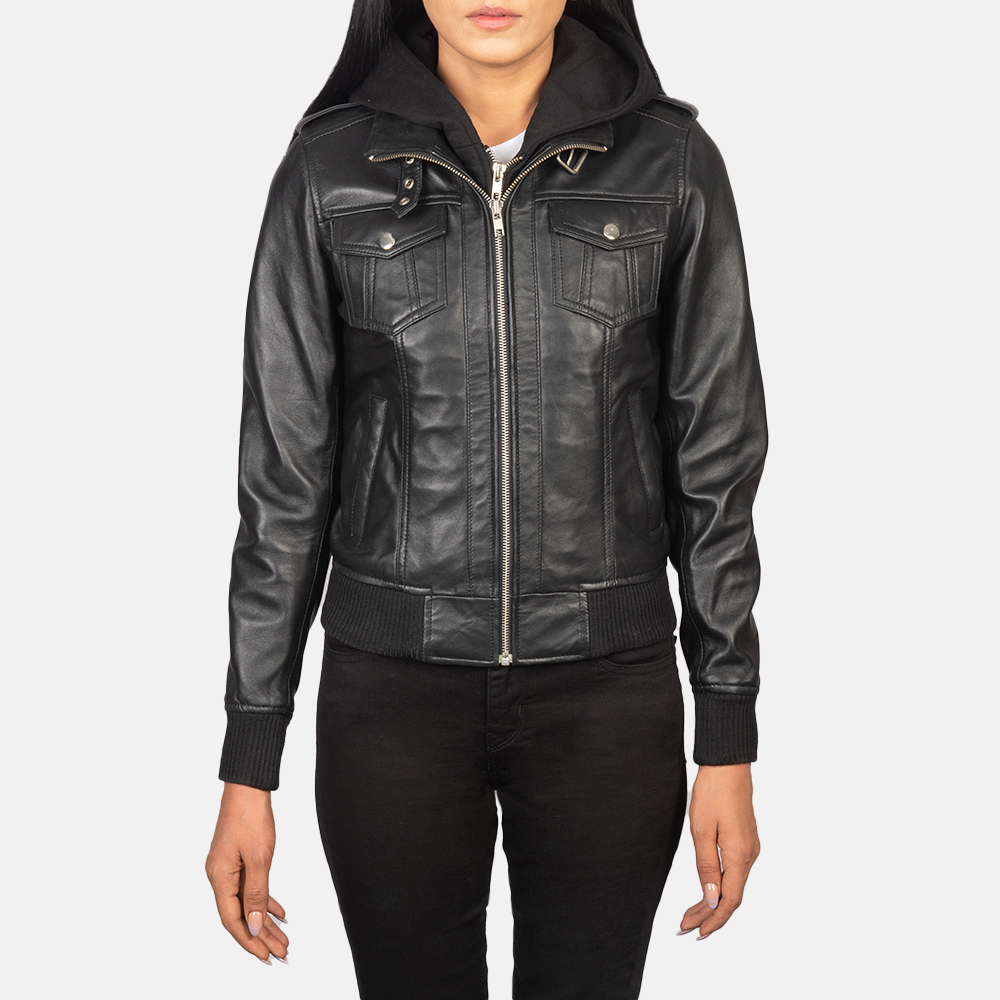 Levy Black Hooded Leather Bomber Jacket - Image 3
