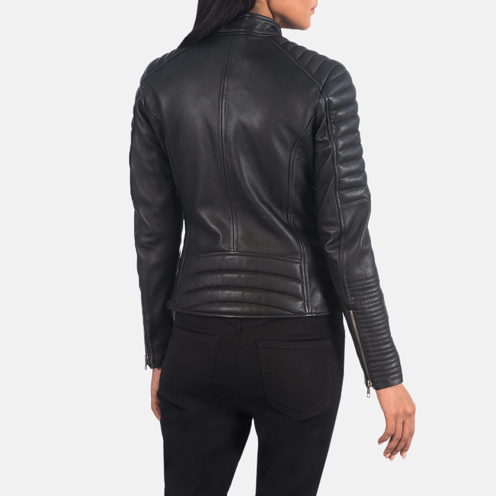 Emily Black Leather Biker Jacket - Image 2