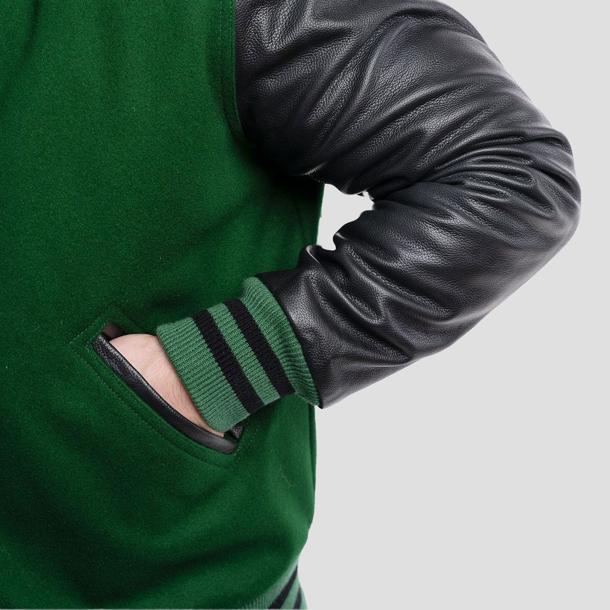 Lucas Kelly Green Wool Body & Black Leather Sleeves Varsity Jacket - Image 5