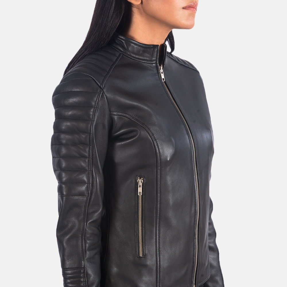 Emily Black Leather Biker Jacket - Image 4