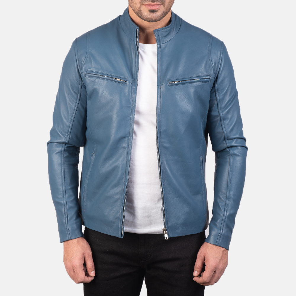 Liam Blue Leather Biker Jacket