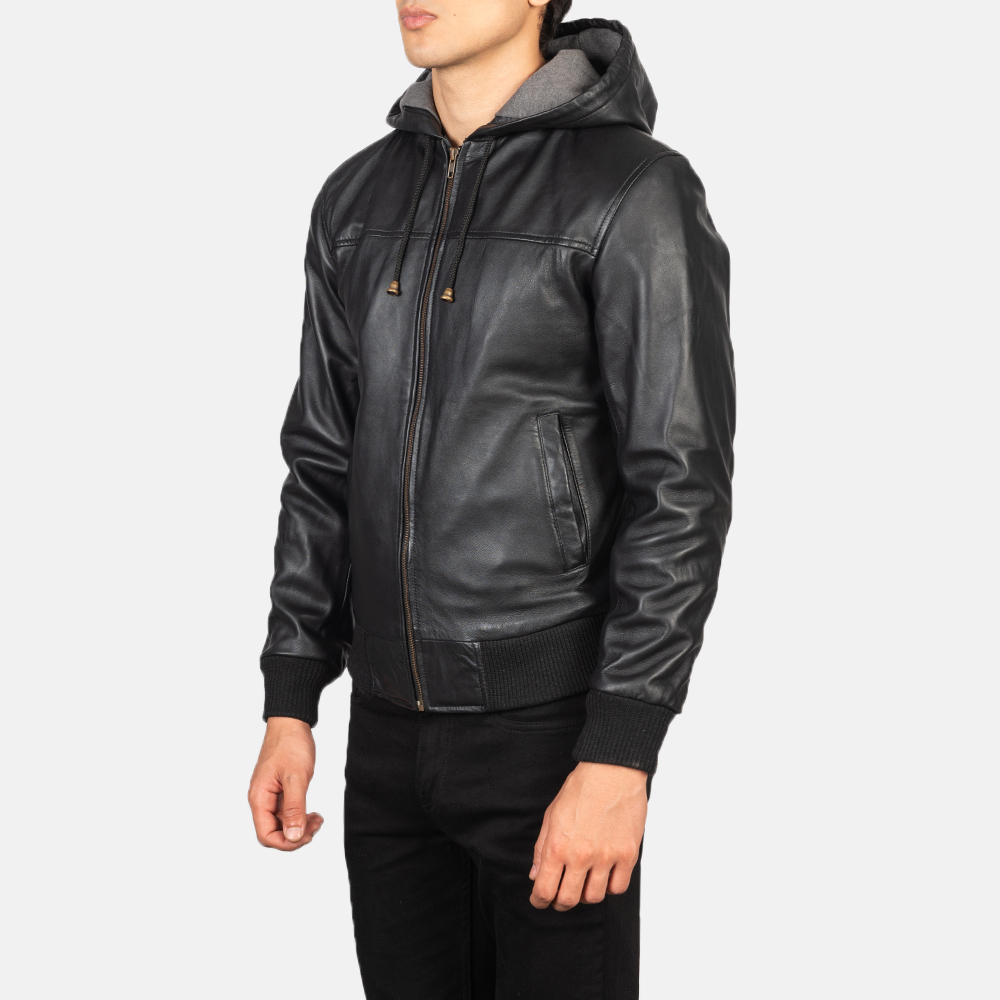 Lucas Black Hooded Leather Bomber Jacket - Image 3