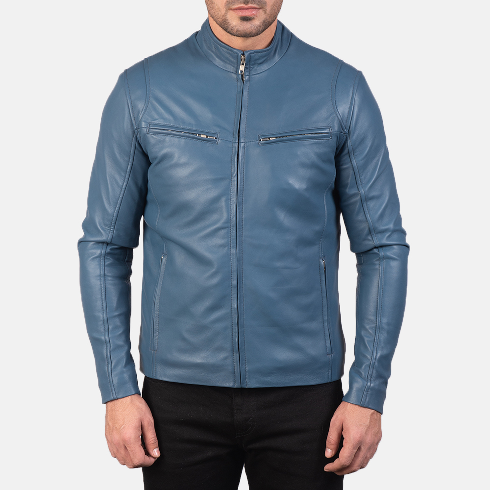 Liam Blue Leather Biker Jacket - Image 2