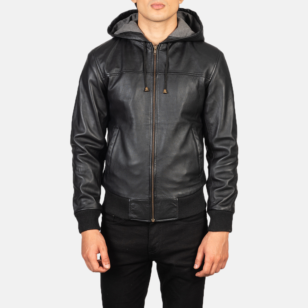 Lucas Black Hooded Leather Bomber Jacket - Image 2