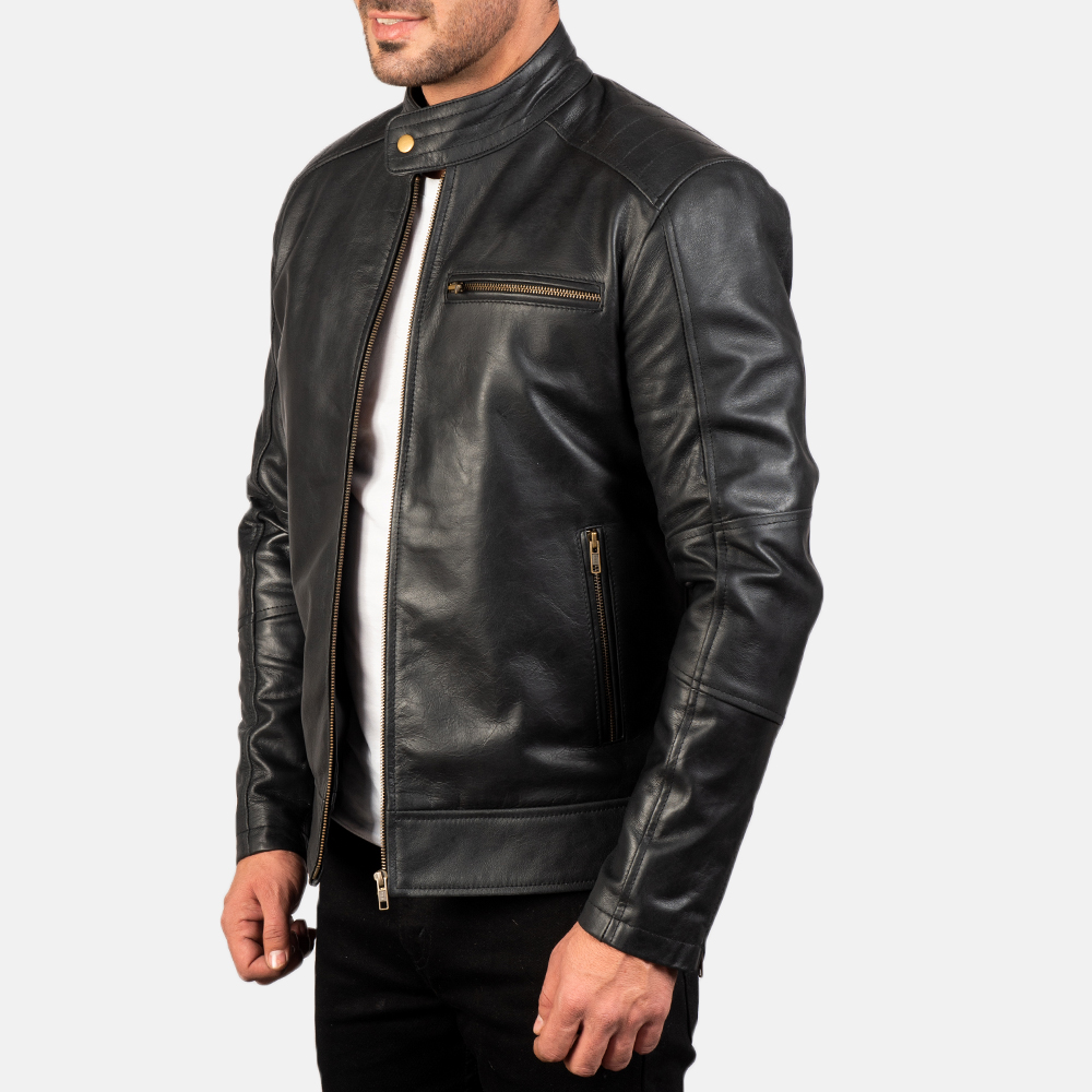 James Black Leather Biker Jacket - Image 3