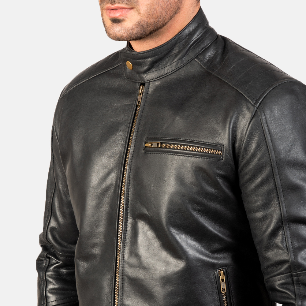 James Black Leather Biker Jacket - Image 4