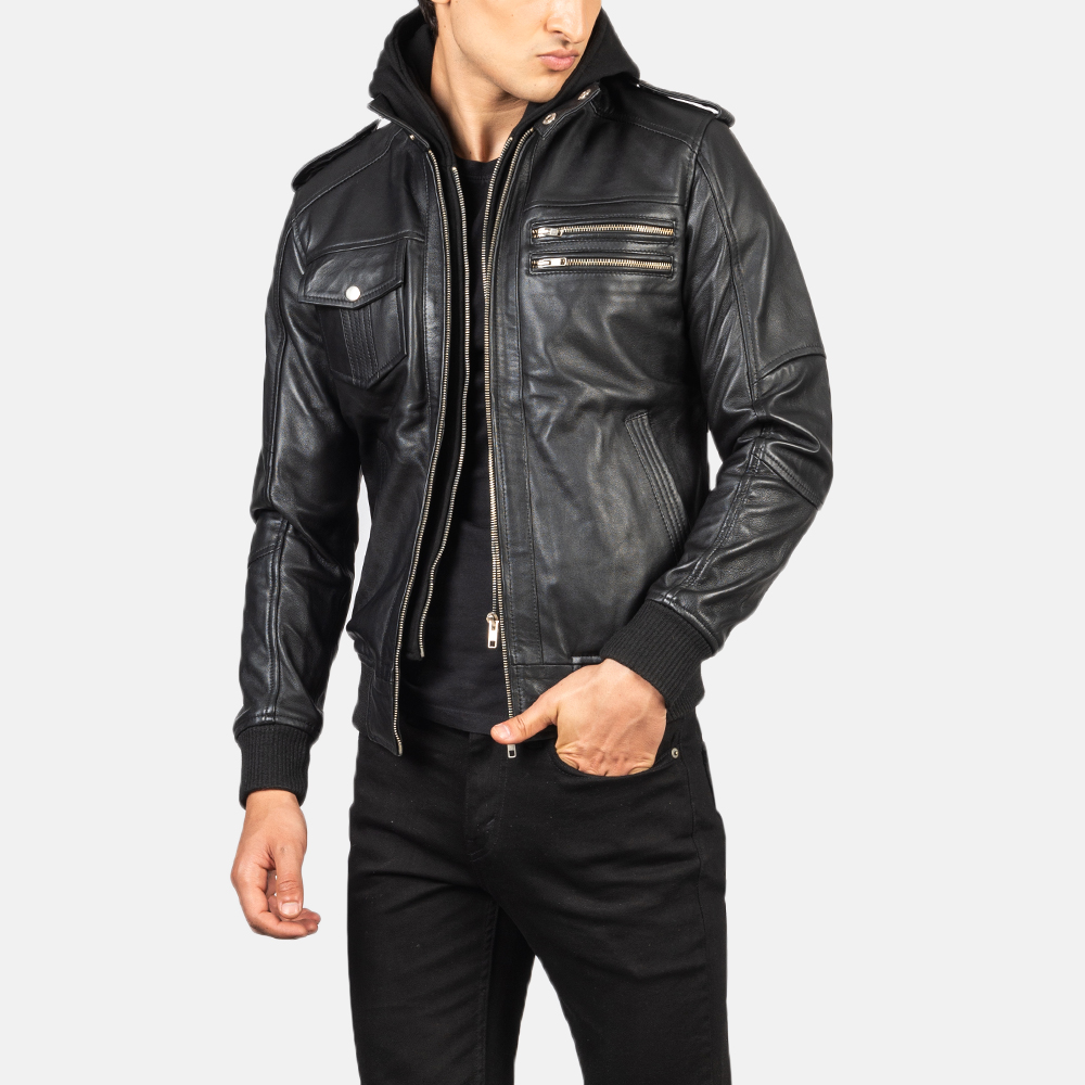 Noah Black Hooded Leather Bomber Jacket - Image 4