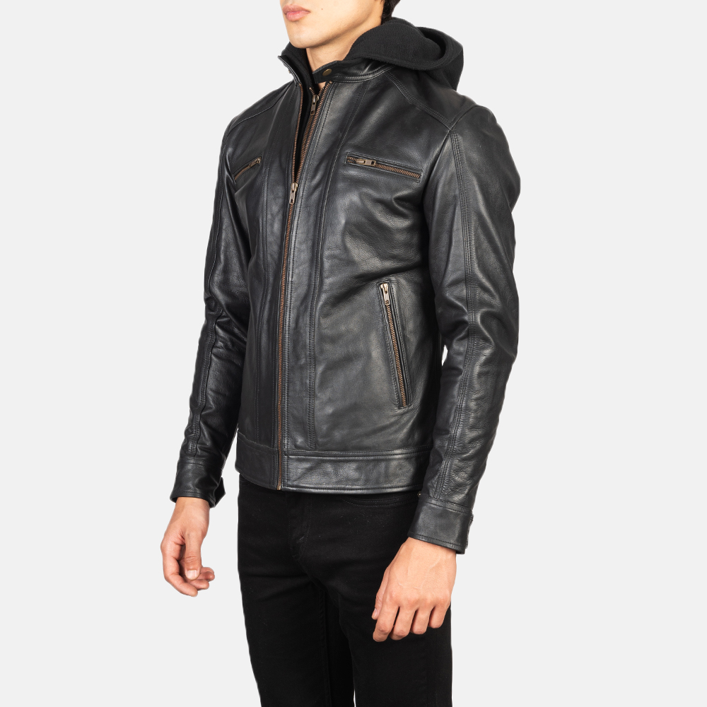 Benjamin Black Hooded Leather Biker Jacket - Image 3