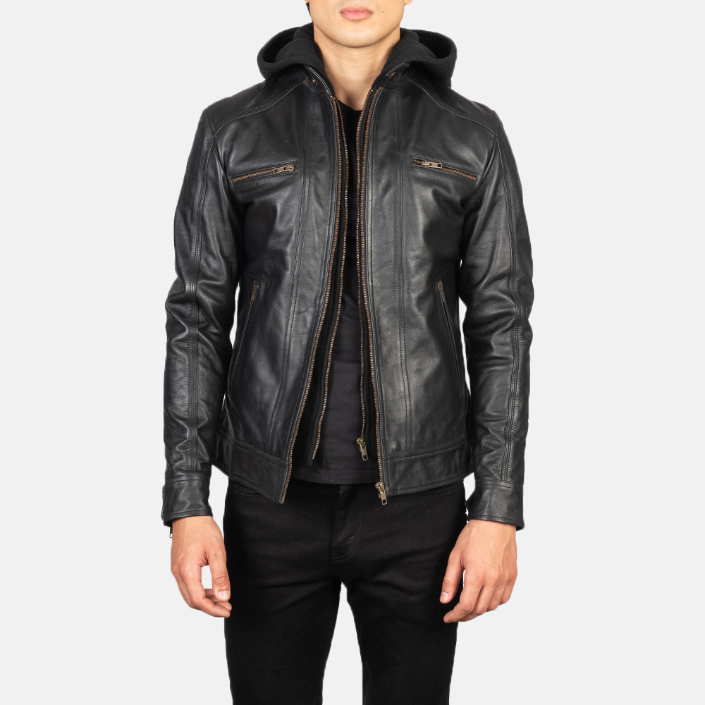 Benjamin Black Hooded Leather Biker Jacket - Image 2