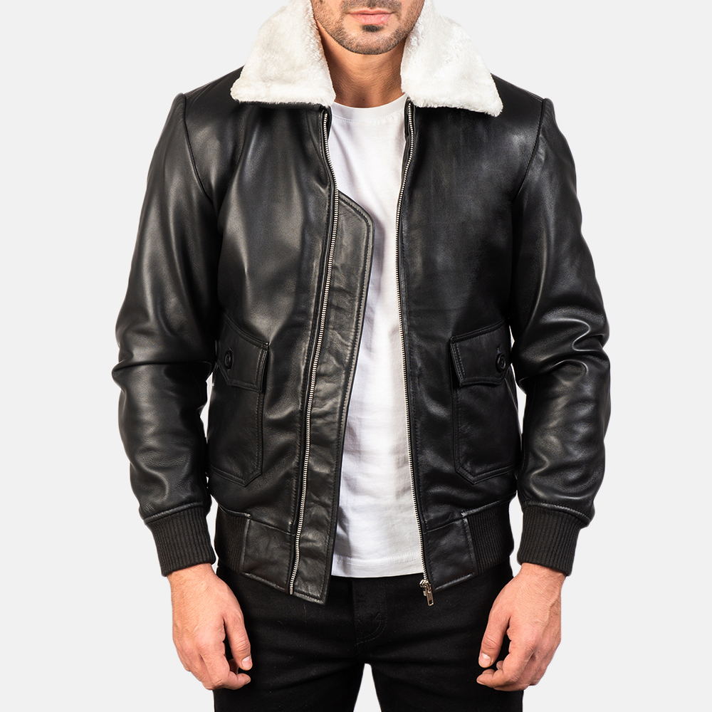 Owen Black Leather With White Fur Bomber Jacket