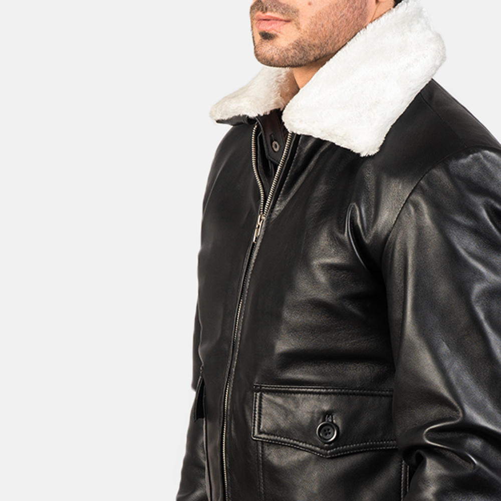 Owen Black Leather With White Fur Bomber Jacket - Image 4