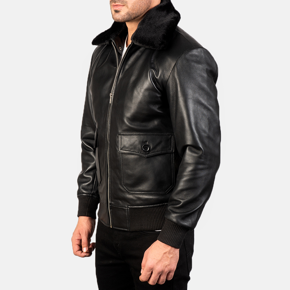Owen Black Leather With Black Fur Bomber Jacket - Image 3
