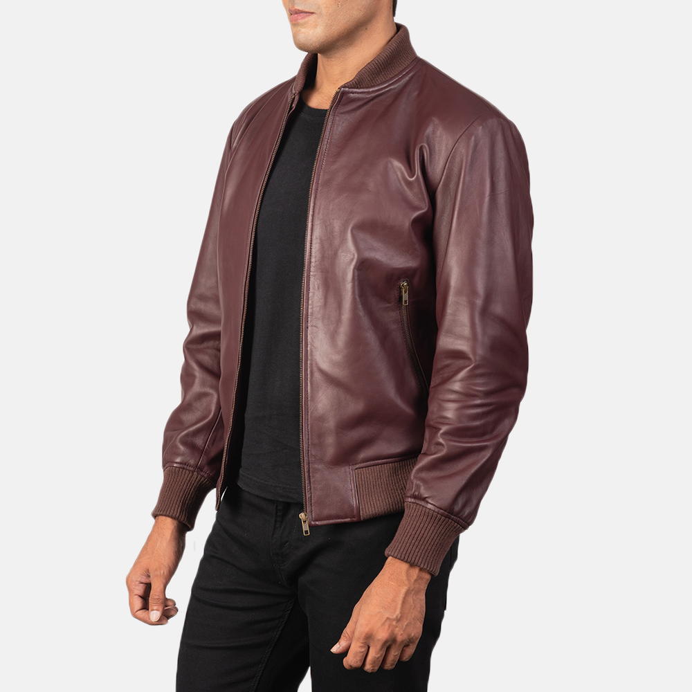 Jack Maroon Leather Bomber Jacket - Image 3