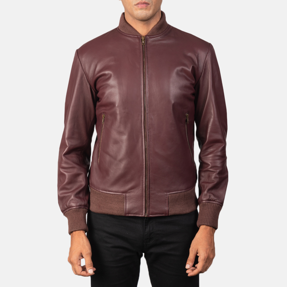 Jack Maroon Leather Bomber Jacket - Image 2
