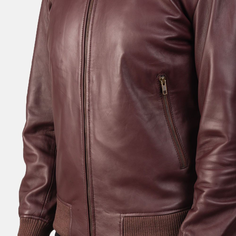 Jack Maroon Leather Bomber Jacket - Image 4