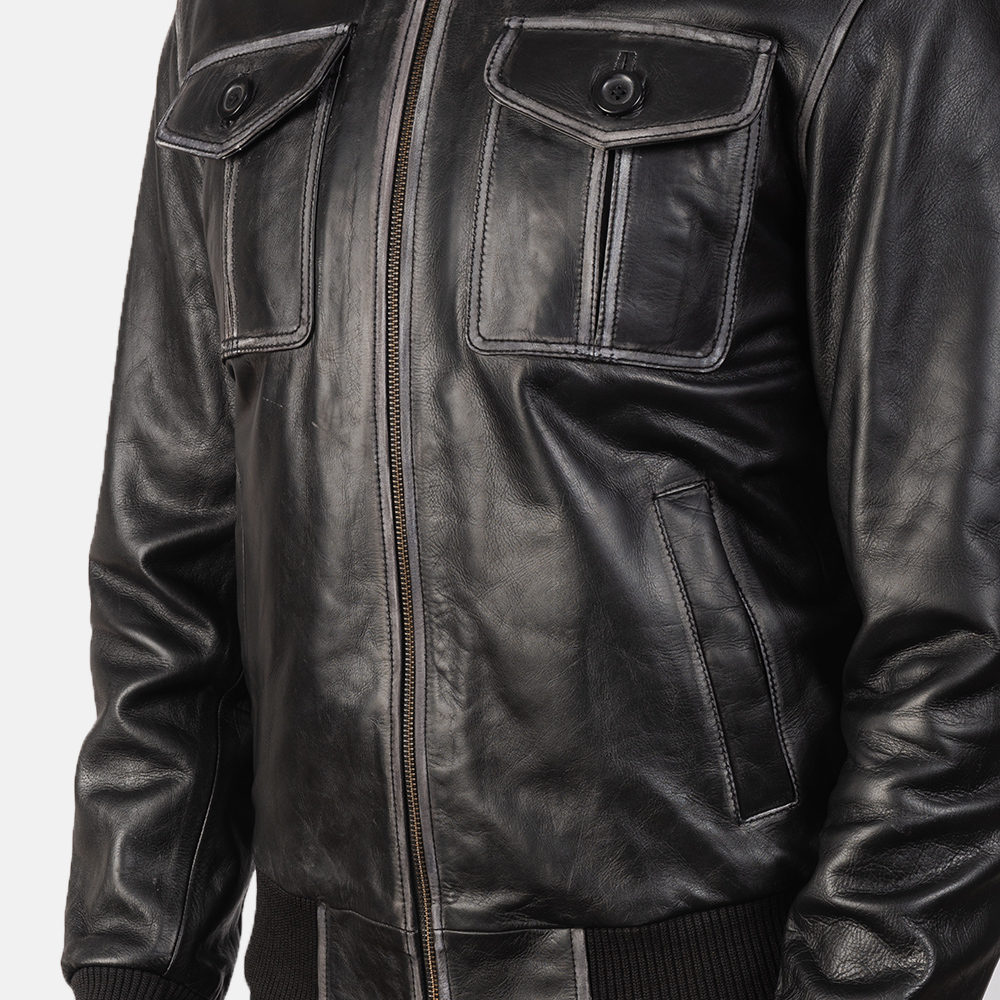 Oliver Black Leather Bomber Jacket - Image 4