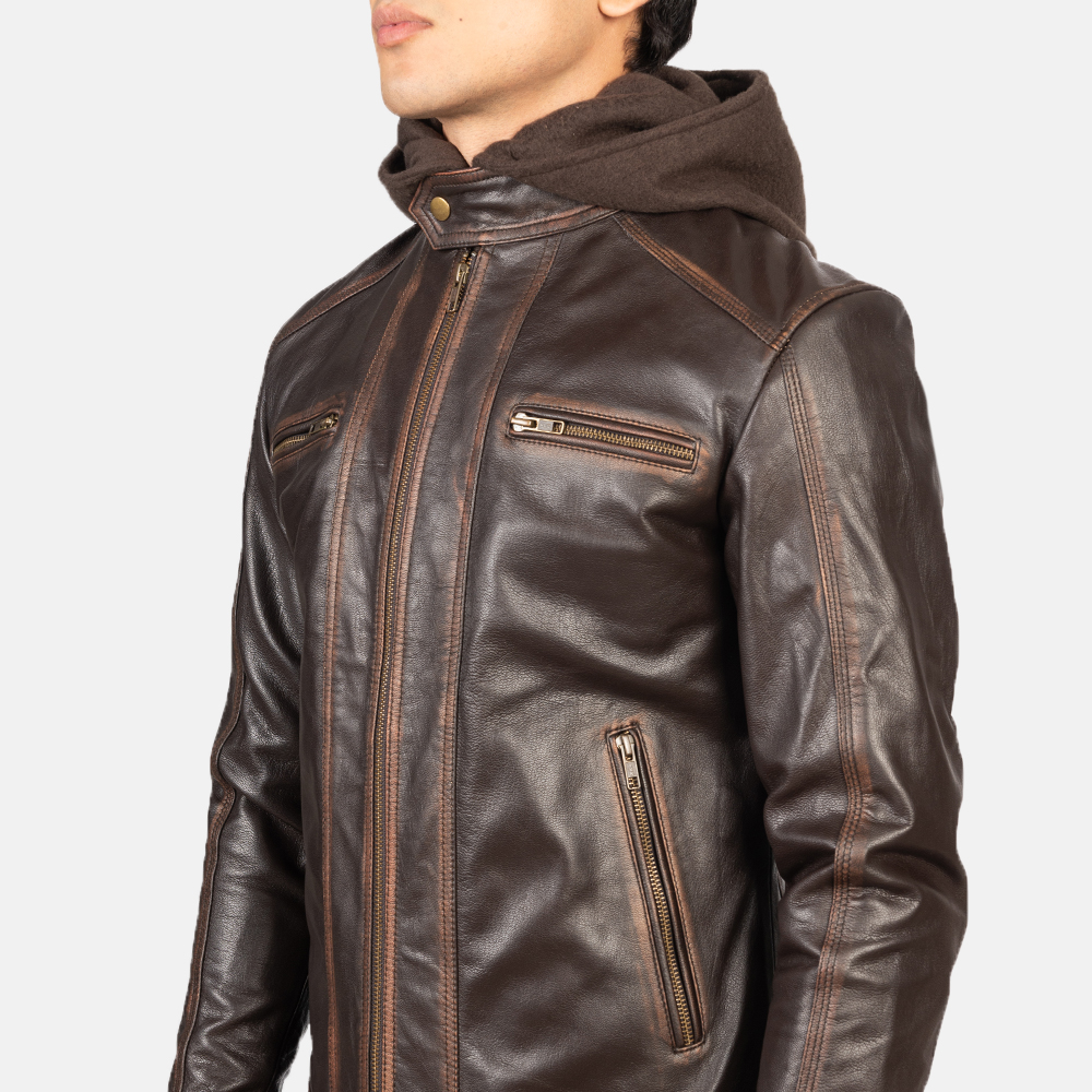 Benjamin Vintage Brown Hooded Leather Biker Jacket - Image 4